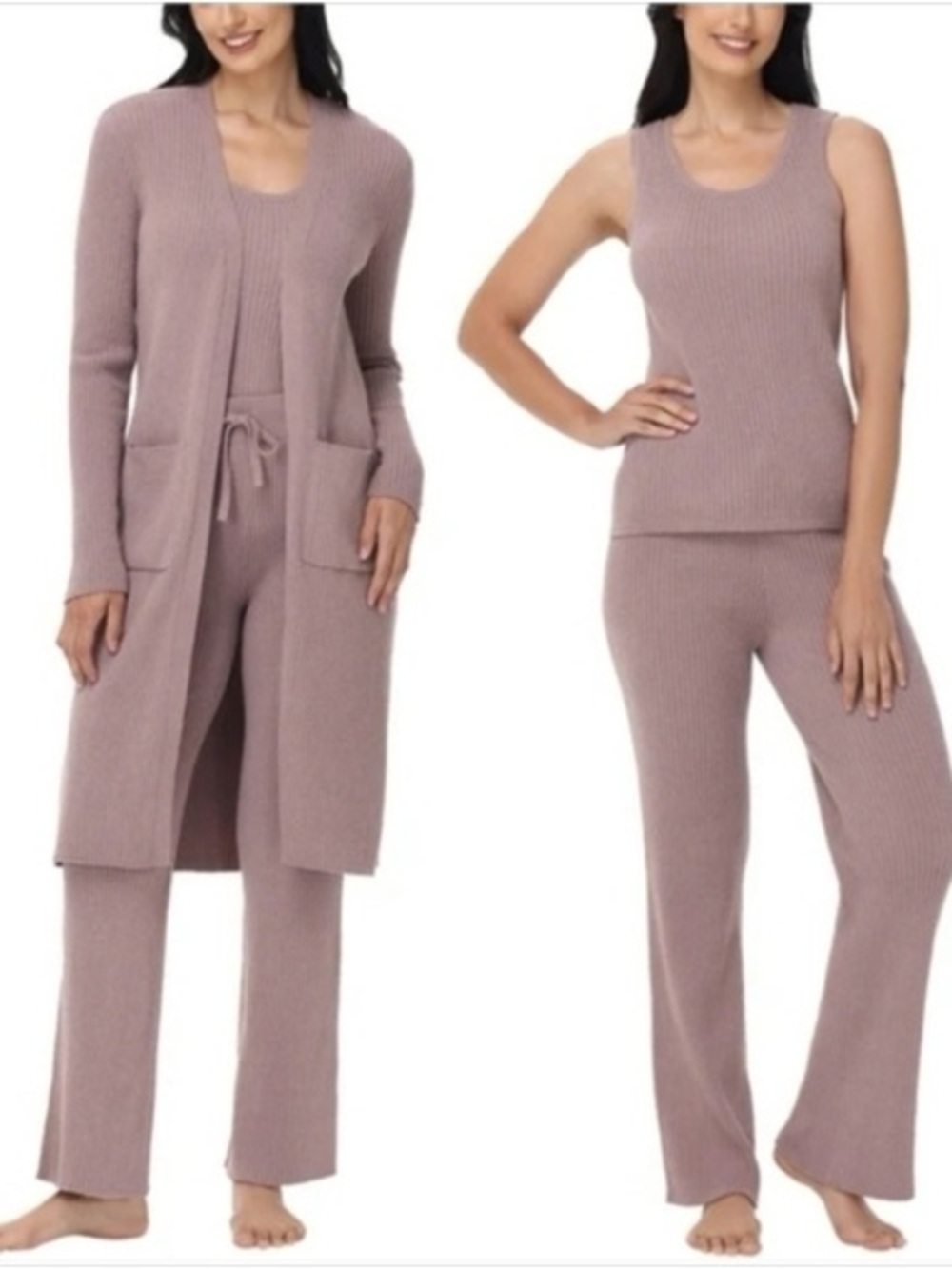 525 America Ribbed Lounge Set XS Mauve 2 Piece Cardigan & Knit Pants Pajama Set